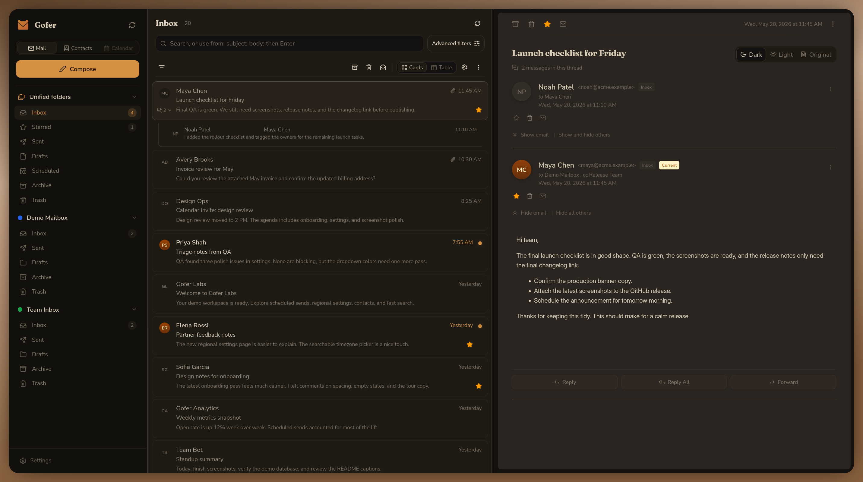 Gofer mail list showing card view in the classic dark theme