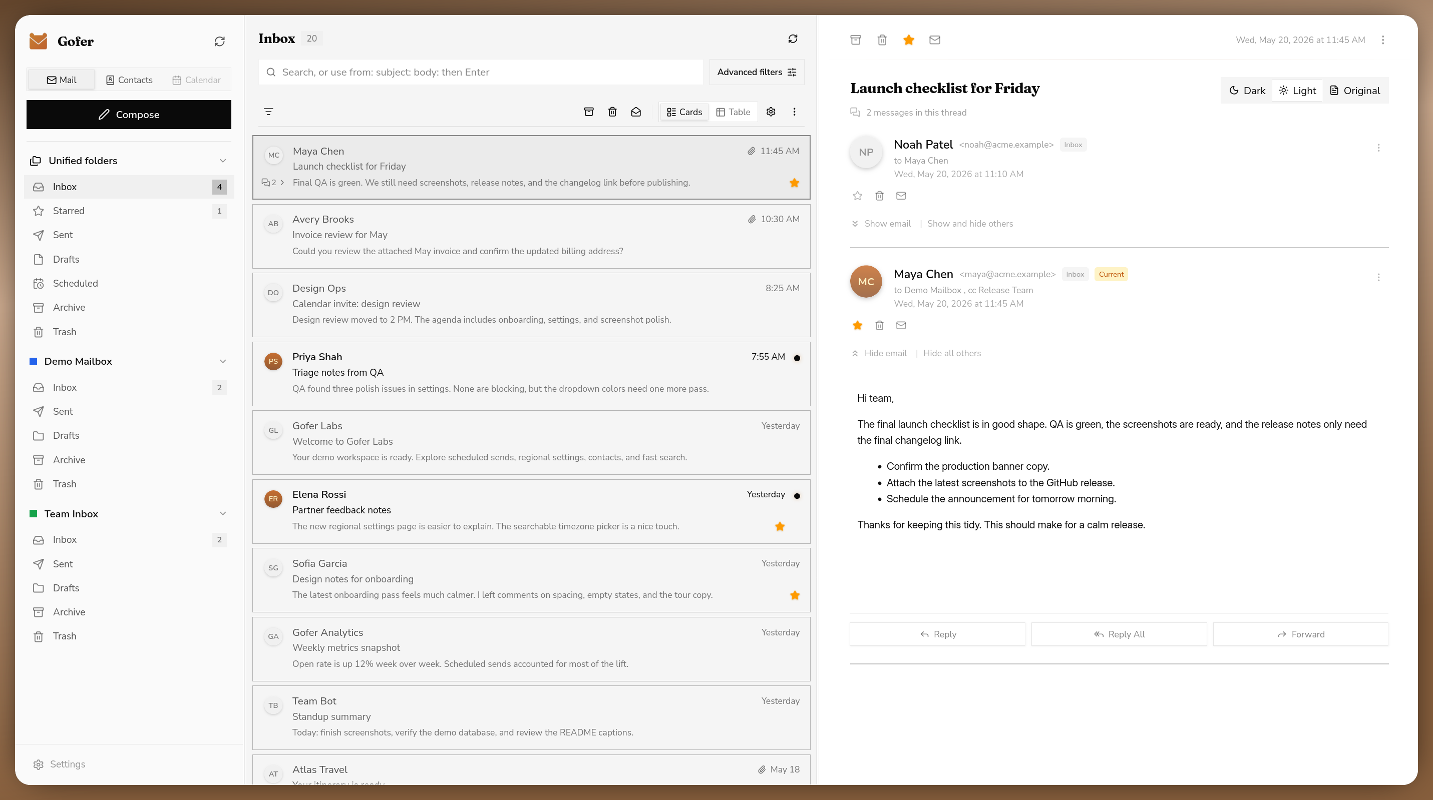 Gofer mail list showing card view with synced mail