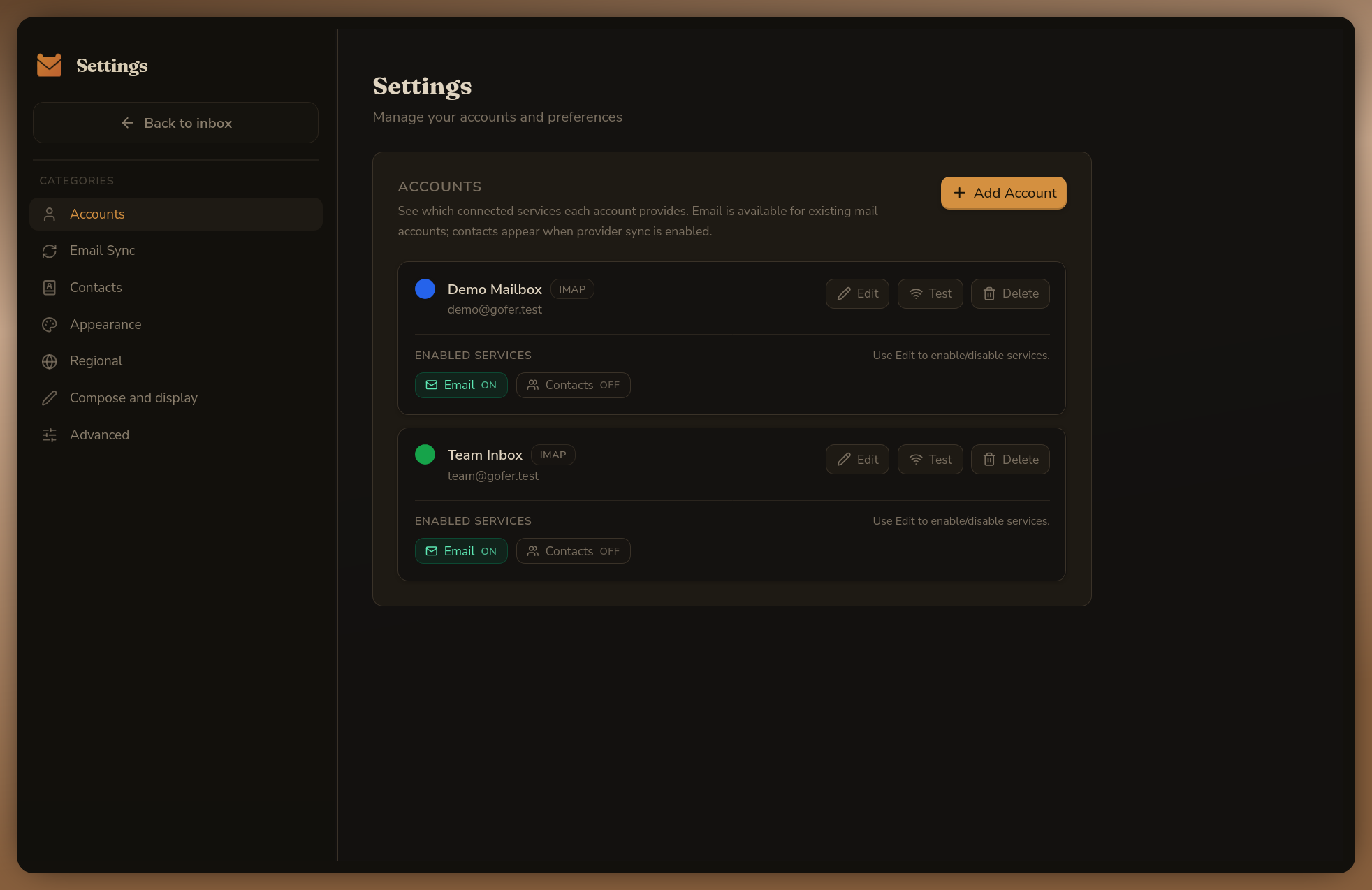 Gofer account settings screen