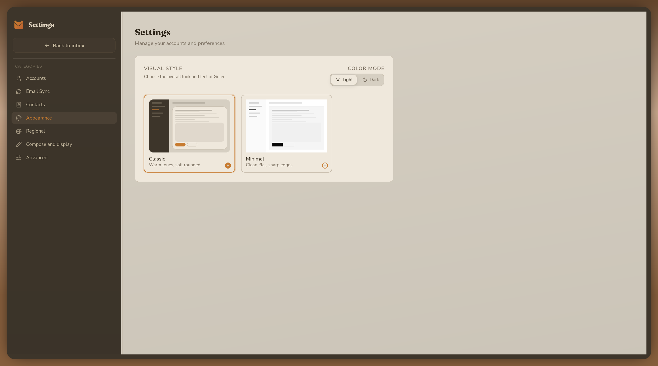 Gofer settings screen in the classic light theme