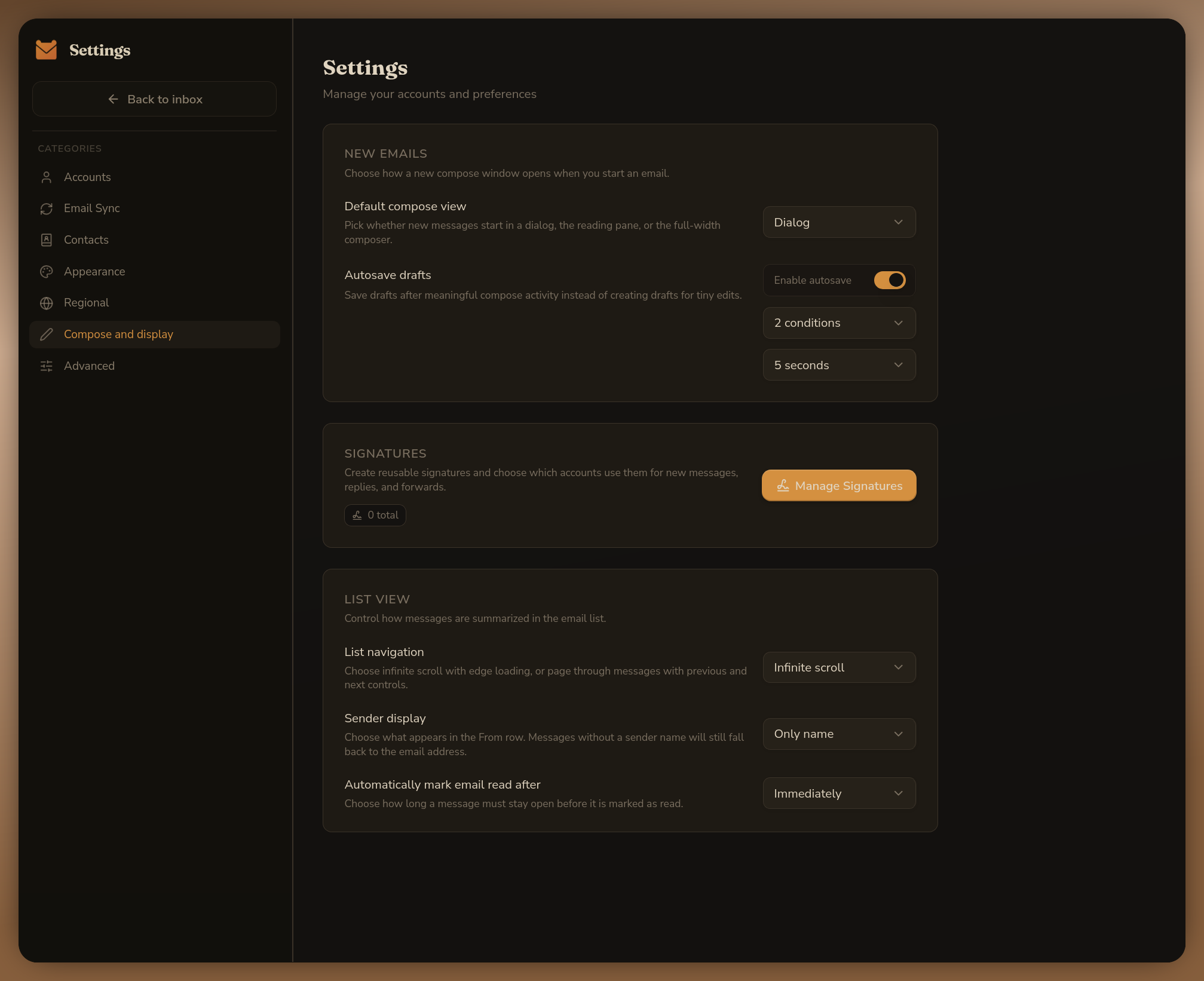Gofer compose and display settings screen