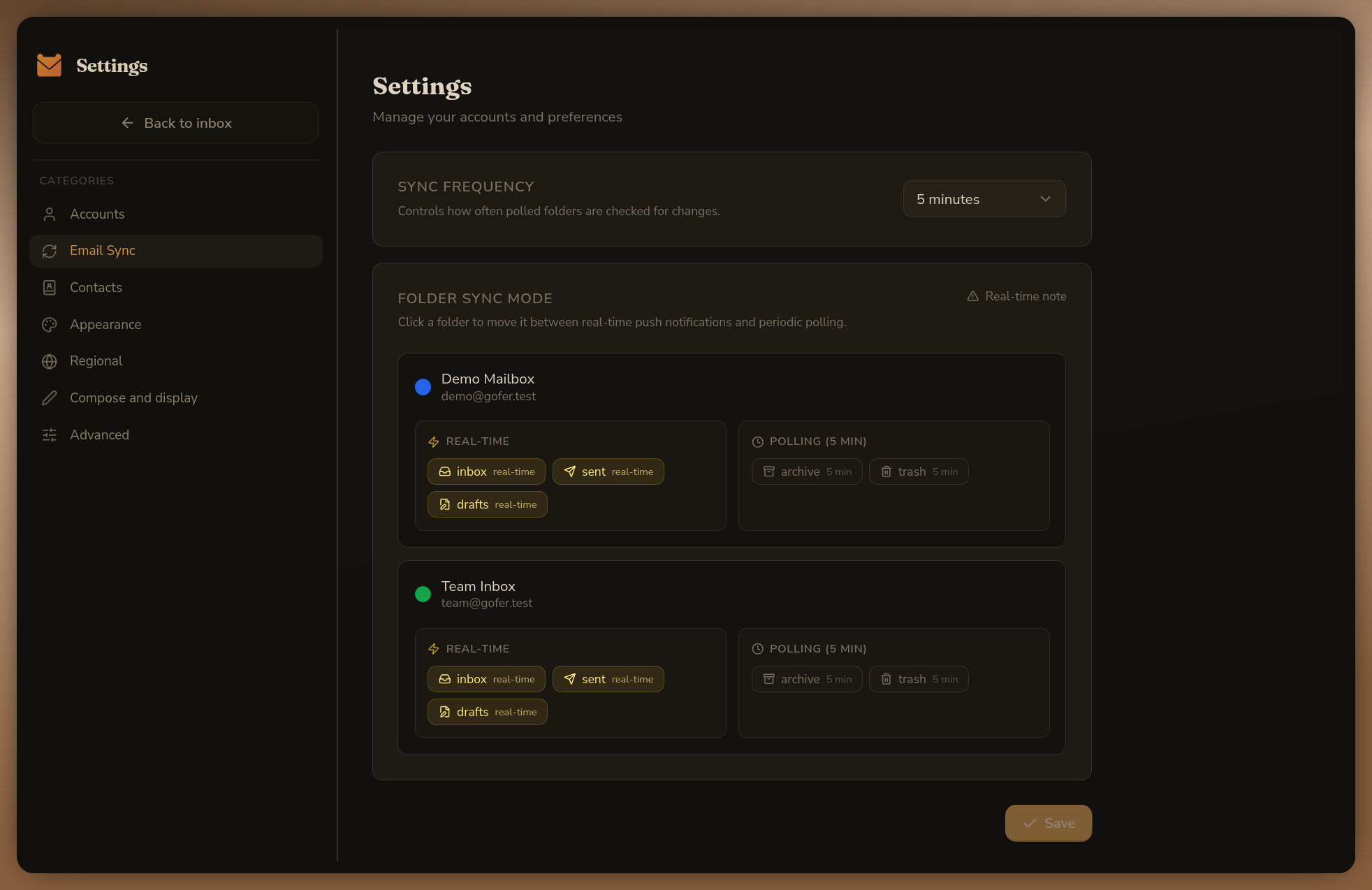 Gofer email sync settings