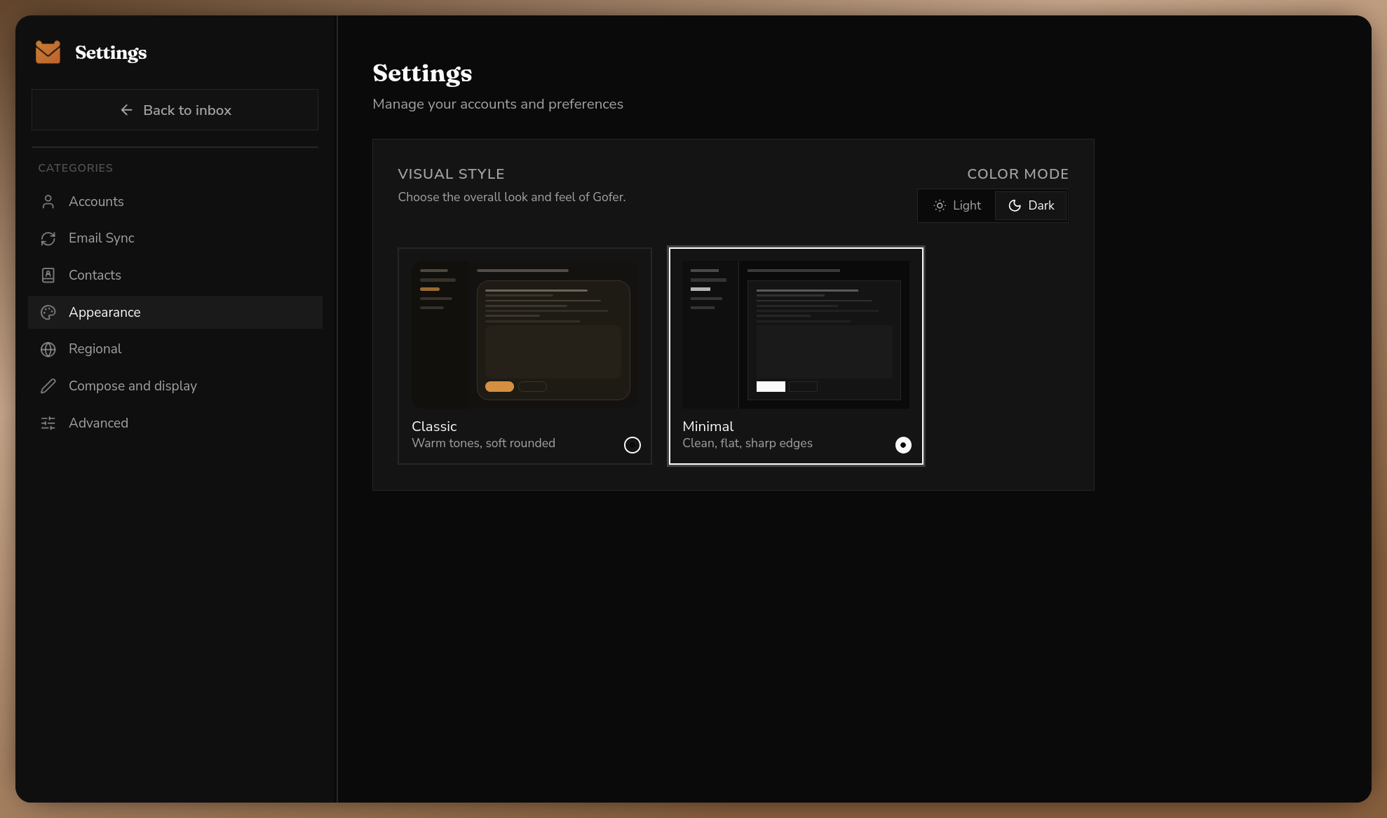 Gofer settings screen in the minimal dark theme